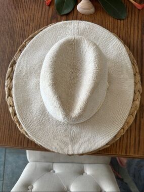 Vince Camuto Cream Knit Braided-Trim Fedora Hat
